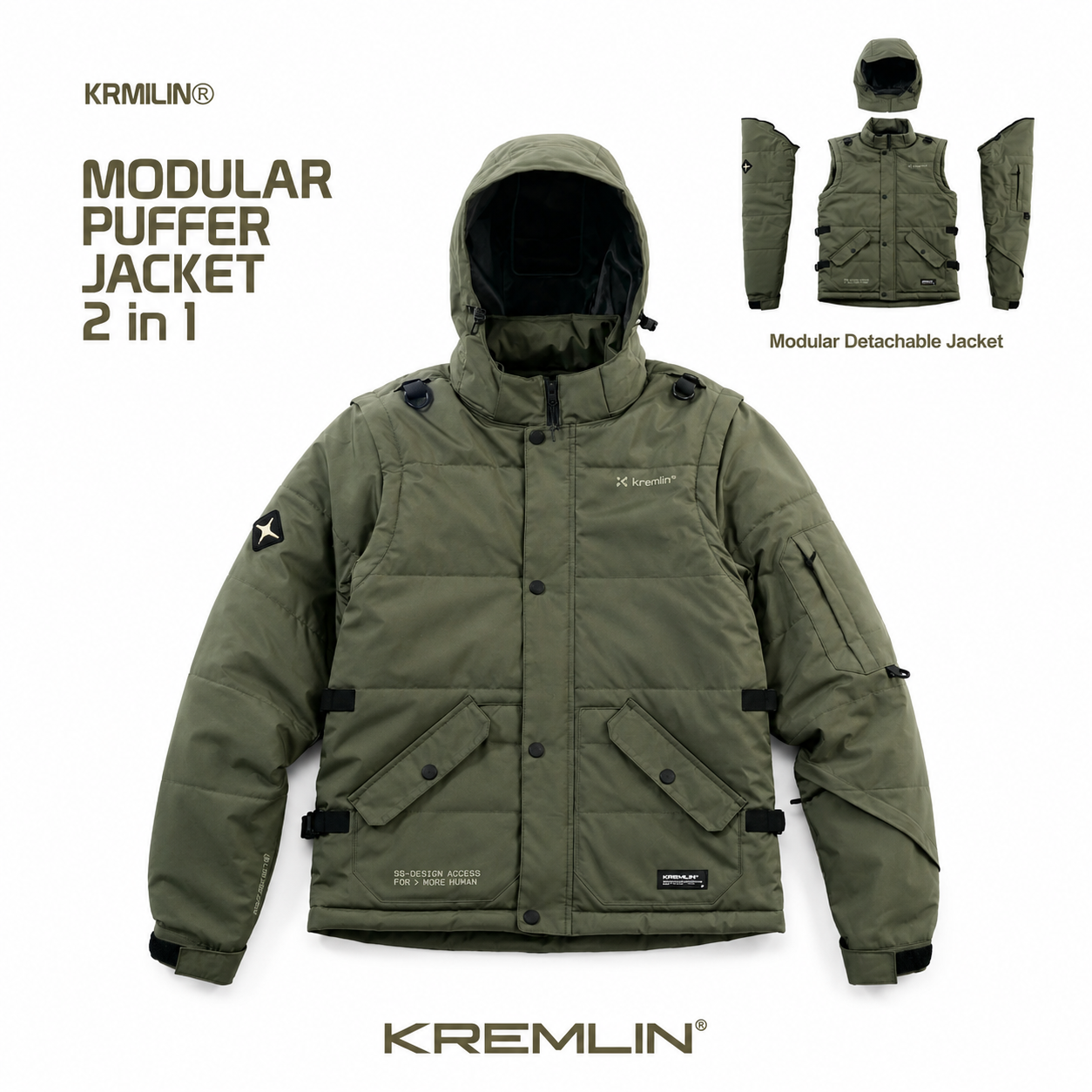 Kremlin Modular Airborne - Puffer Jacket Vest 2 In 1 - Army Green
