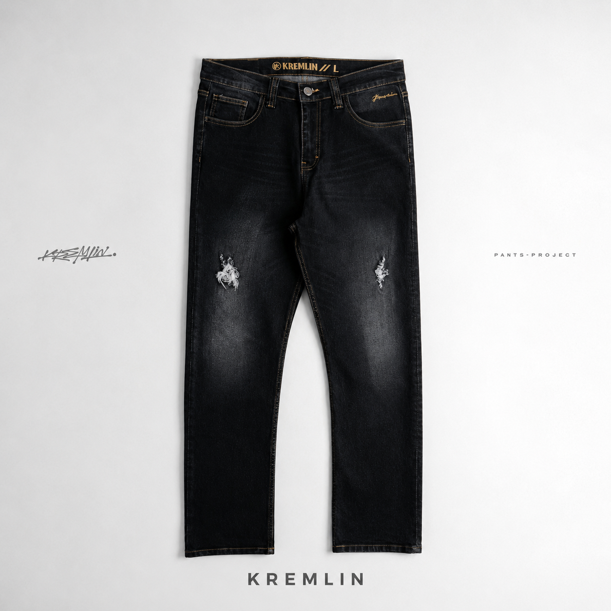 KREMLIN Slim Fit Ripped Denim Jeans - Ash Black Wash (Osaka)