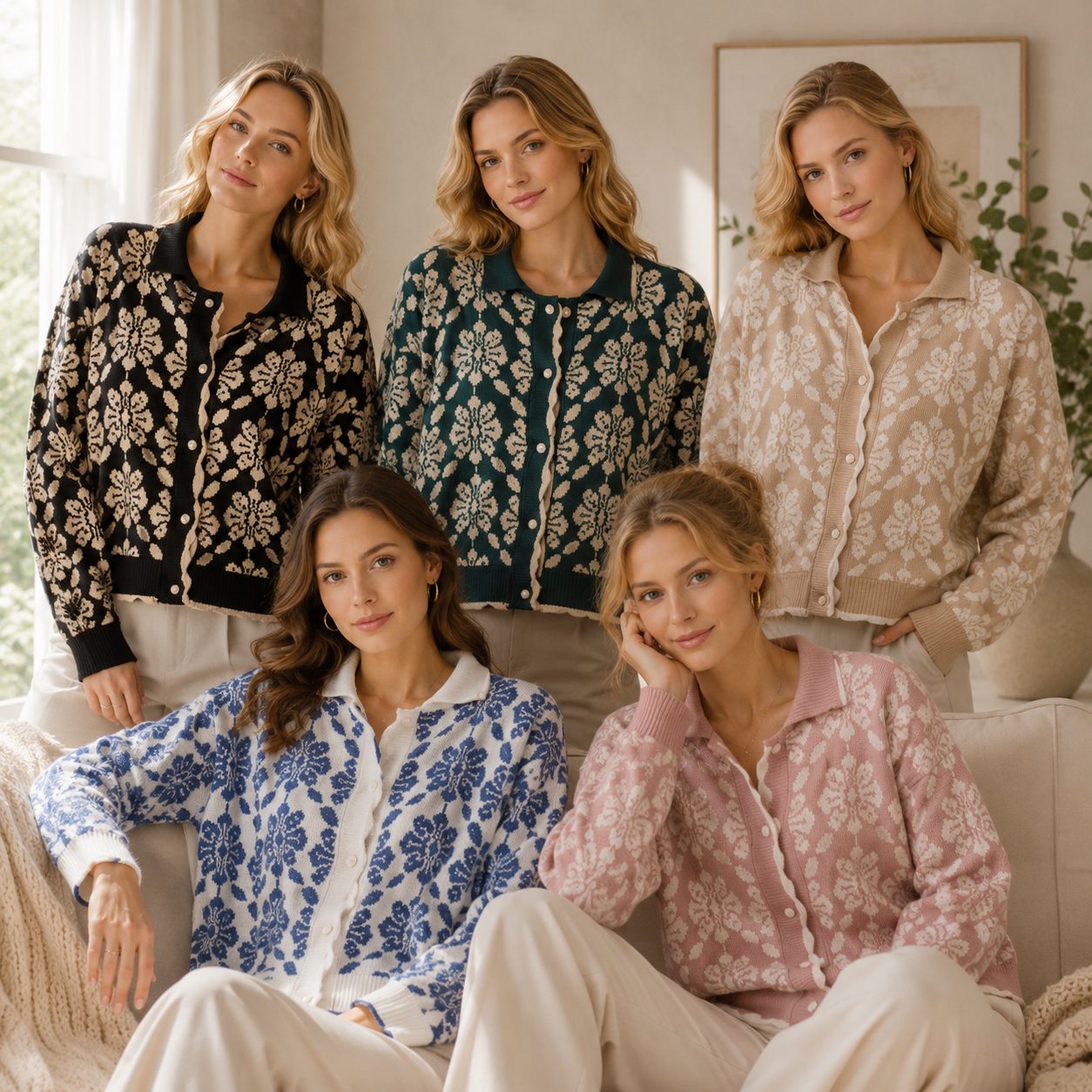 Premium Floral Knit Cardigan for Women Soft Korean Style Sweater, Elegant Simple Button Front Flower Cardigan