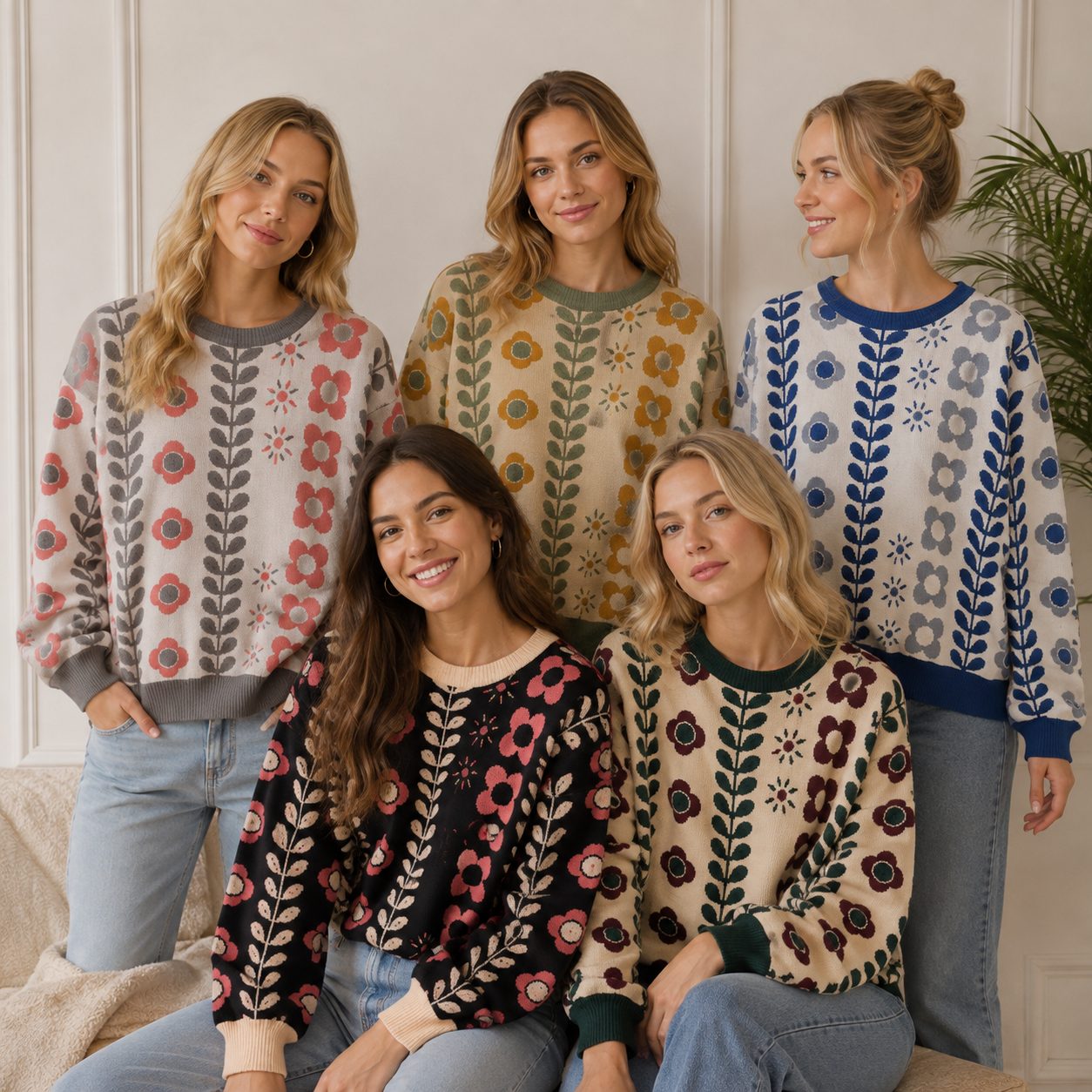 Premium Korean-Style Thick Knit Sweater | Floral Pattern Oversized Cozy Pullover