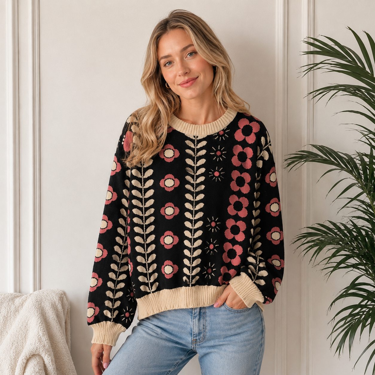 Premium Korean-Style Thick Knit Sweater | Floral Pattern Oversized Cozy Pullover image 2
