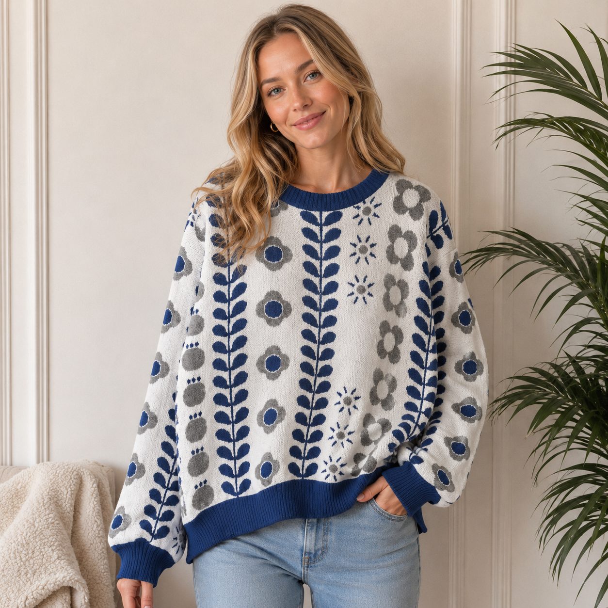Premium Korean-Style Thick Knit Sweater | Floral Pattern Oversized Cozy Pullover image 3