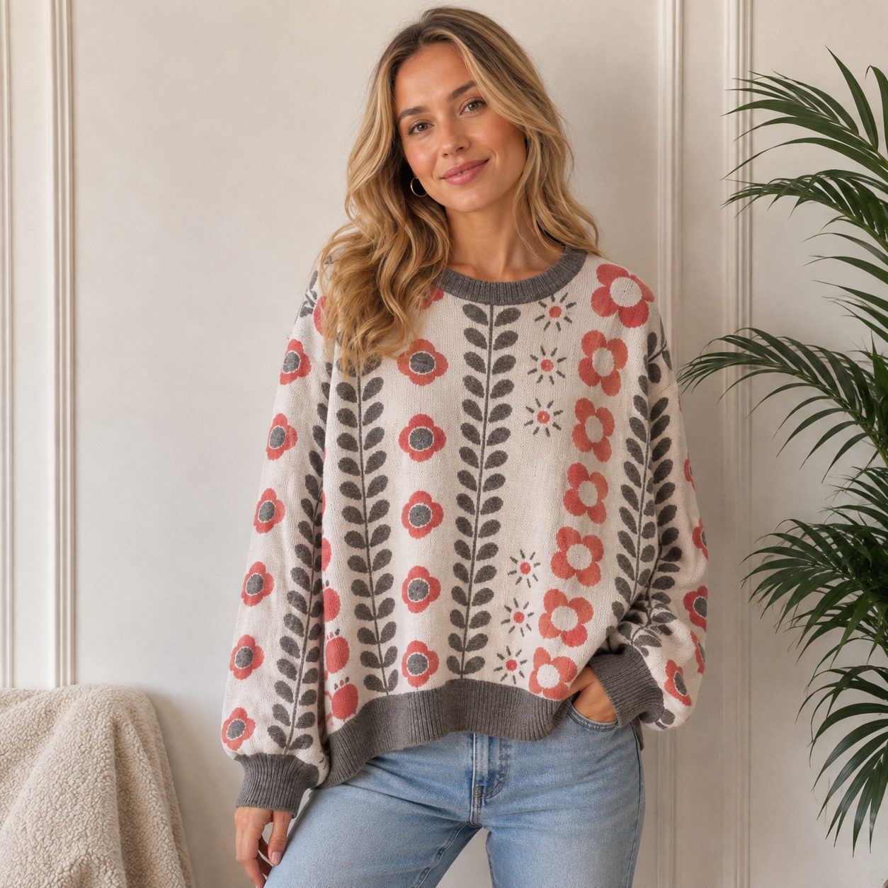 Premium Korean-Style Thick Knit Sweater | Floral Pattern Oversized Cozy Pullover image 4