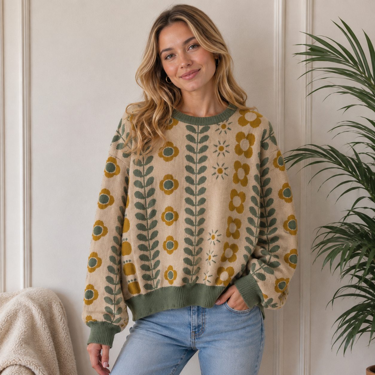 Premium Korean-Style Thick Knit Sweater | Floral Pattern Oversized Cozy Pullover image 5