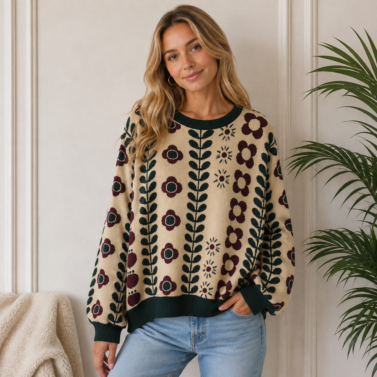 Premium Korean-Style Thick Knit Sweater | Floral Pattern Oversized Cozy Pullover image 6